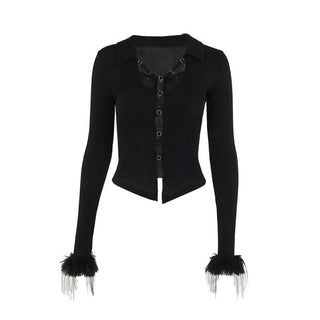 Turnover collar long sleeve fluffy button knitted top