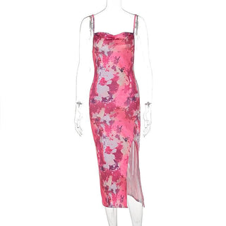 Cowl neck ruched print slit cami midi dress