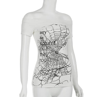 Off shoulder ribbed spider web print top