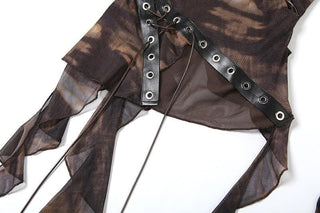 Glove tie dye sheer mesh patchwork ruffle top