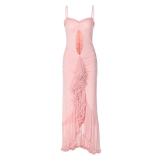 Ruffle high slit ruched hollow out cami cut out maxi dress