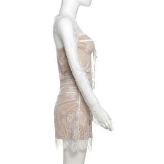 Long sleeve lace zip-up ruched mini dress