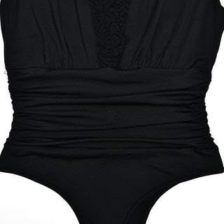 V neck lace hem ruched solid bodysuit