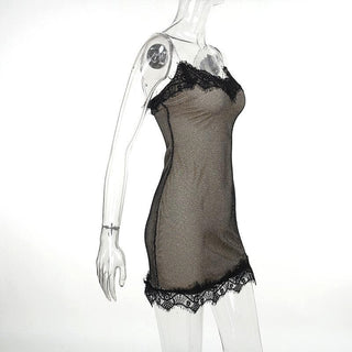 Lace glitter patchwork zip-up v neck cami mini dress