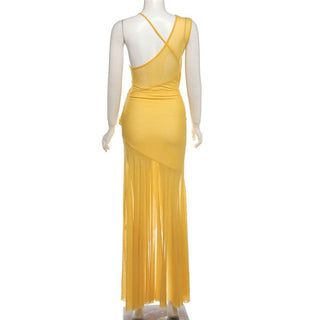 Irregular mesh v neck ruched solid cami maxi dress