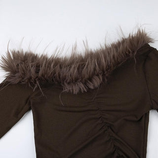 Feather irregular long sleeve ruched off shoulder crop top
