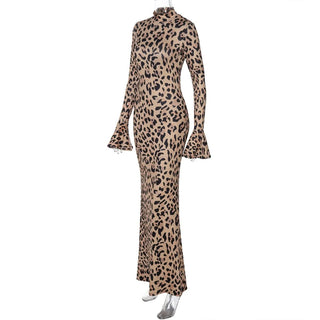 Long flared sleeve leopard print high neck maxi dress