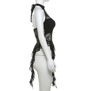 Halter mesh ruffle backless top