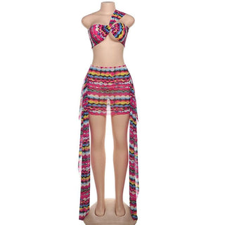 One shoulder irregular mesh print mini skirt set