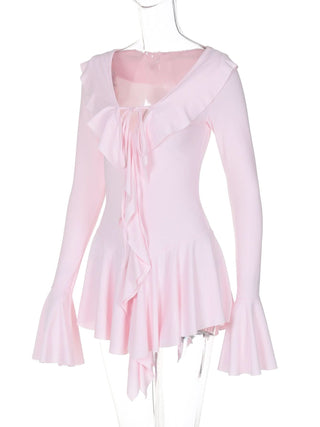 V neck long flared sleeve self tie ruffle mini dress