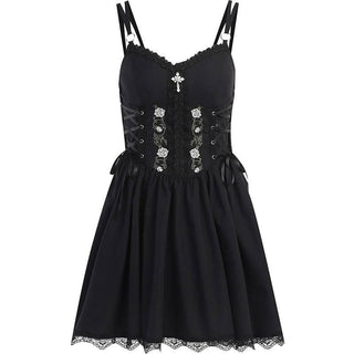 Sweetheart neck embroidery ruffle lace up cami mini dress