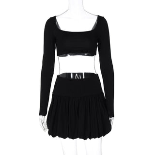 Long sleeve square neck ruched solid mini skirt set