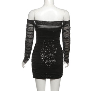 Off shoulder glitter long sleeve mesh ruched mini dress