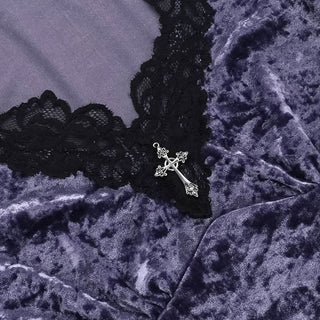 Long sleeve lace hem velvet v neck contrast top