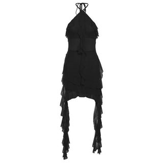 Halter sheer mesh ruffle backless mini dress