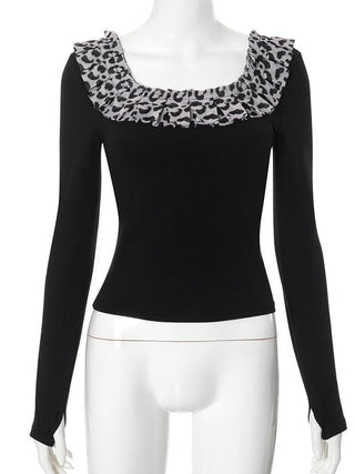Long sleeve u neck leopard print patchwork top