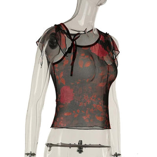 Irregular sheer mesh print ruffle top