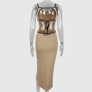 Ribbed contrast hollow out self tie backless slit cami cut out midi dress