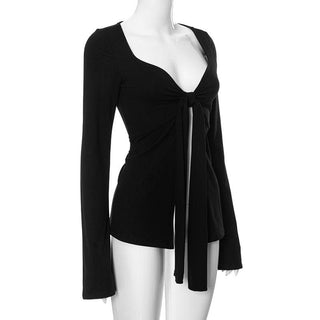 Long flared sleeve v neck ruched top