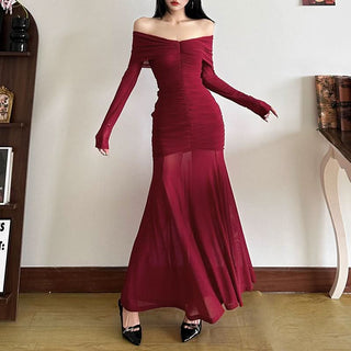 Long sleeve off shoulder ruched mesh maxi dress