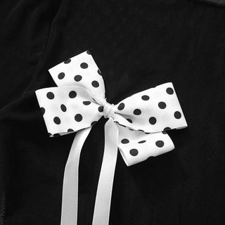 Long sleeve polka dot bowknot mesh crewneck pant set