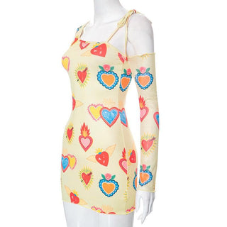 Heart print contrast irregular long sleeve mesh mini dress