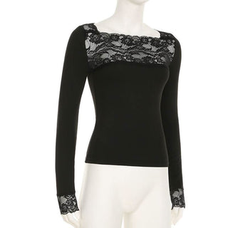 Long sleeve lace hem square neck solid top