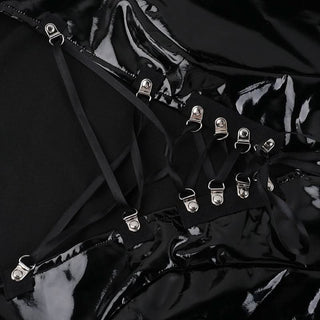 Long flared sleeve PU leather cross front bodysuit