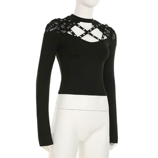 Long sleeve crewneck hollow out cut out top