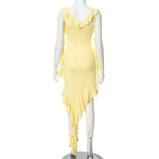 V neck ruffle solid knotted cami mini dress