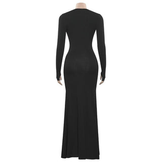 V neck long sleeve butterfly applique maxi dress