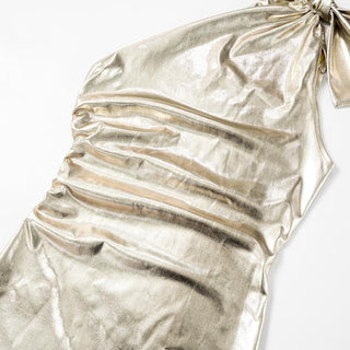 One shoulder bowknot metallic ruched mini dress