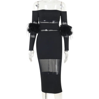 Off shoulder long sleeve fluffy mesh patchwork mini dress