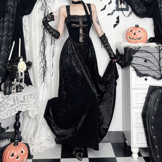 Lace hem velvet cross square neck maxi dress