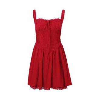 Lace hem drawstring ruched lace up cami mini dress