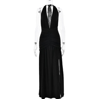Halter deep v neck backless high slit maxi dress