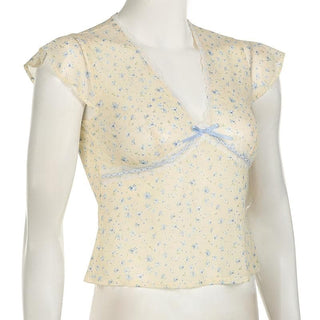 Cap sleeve v neck print bowknot lace hem top