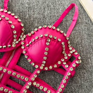 Hollow out beaded zip-up v neck padded cut out top