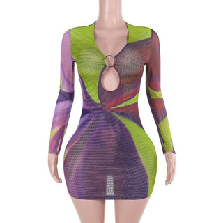 Long sleeve sheer mesh o ring print mini dress