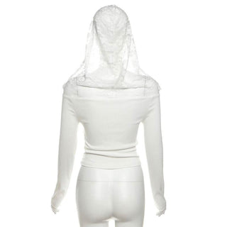 Hoodie off shoulder long sleeve lace beaded drawstring top