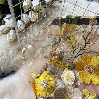 Crewneck short sleeve flower embroidery zip-up maxi dress