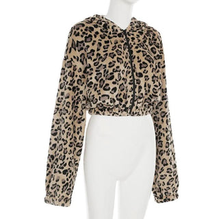 Hoodie long sleeve leopard print zip-up coat top