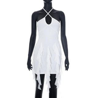 Ruffle halter solid cross front backless self tie mini dress