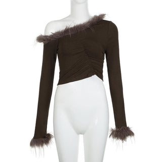 Feather irregular long sleeve ruched off shoulder crop top