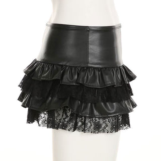 PU leather lace patchwork ruched mini skirt