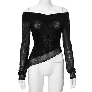 Long sleeve off shoulder mesh ruffle irregular top