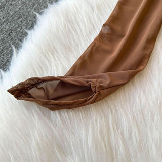 Off shoulder PU leather lace up smocked top