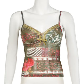 Bowknot v neck print mesh lace cami top
