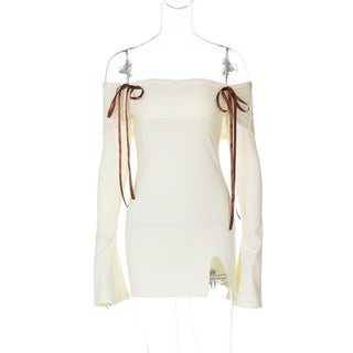 Off shoulder long flared sleeve bowknot ribbed mini dress