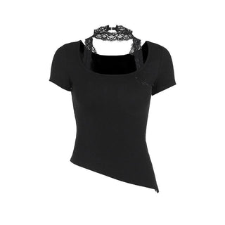 Short sleeve u neck halter lace irregular top
